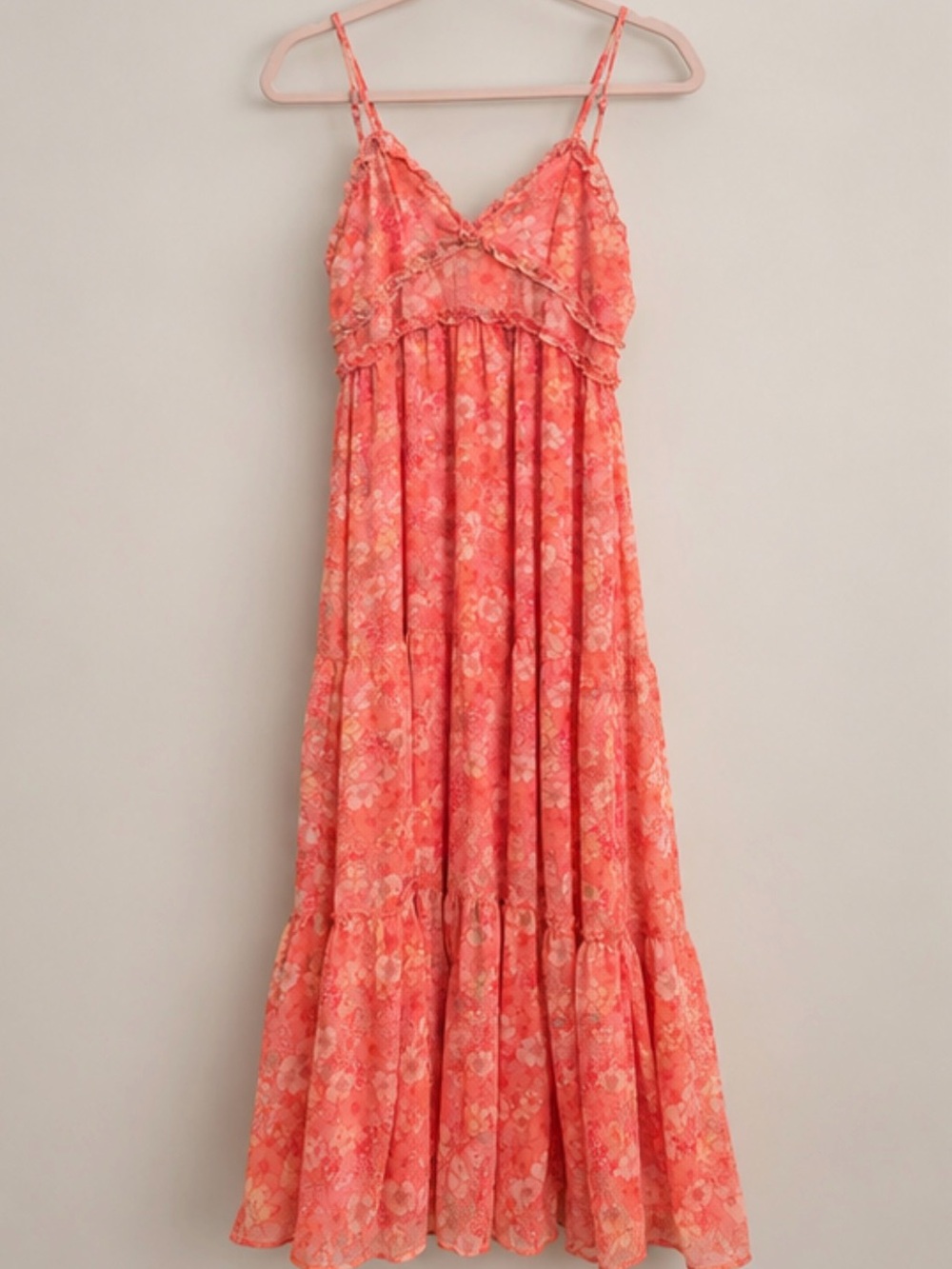 Floral Coral Maxi Dress with Spaghetti Straps